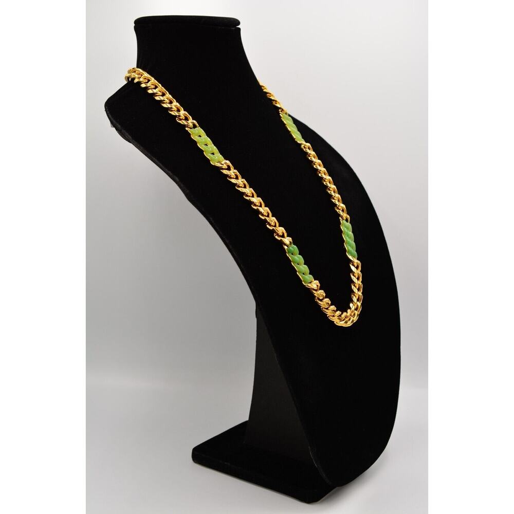 Givenchy Vintage Cuban Chain Necklace Gold Green Cabochon Heavy Signed 70s BinL - Picture 3 of 12